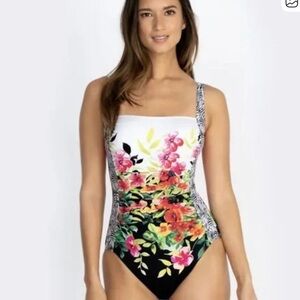 Johnny Was Fay Floral Ruched One Piece Swimsuit Black White Size Small